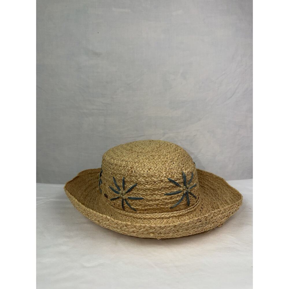 Vintage Natural Straw Sun Hat Wide Brim Floral Raffia Beach Boho Cottagecore